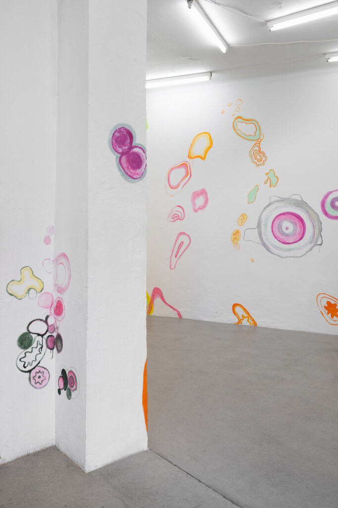 exhibition views: Kunstraum Ortloff, 2025
wall painting in cooperation with Lena Kerschensteiner;  acrylic und aquarell on wall