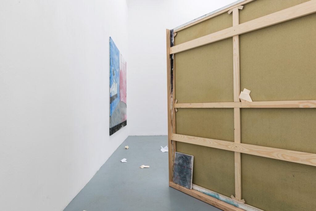2015, cooperation with Olivia Hyunsin Kim, 
performance/ installation: paper (letters), wood, canvases (oil on canvas / acrylic on canvas), sound installation, seating area, variable dimensions; 
exhibition view “Parfümiert mit Dynamit”  2015, basis e.V., Frankfurt/ Main