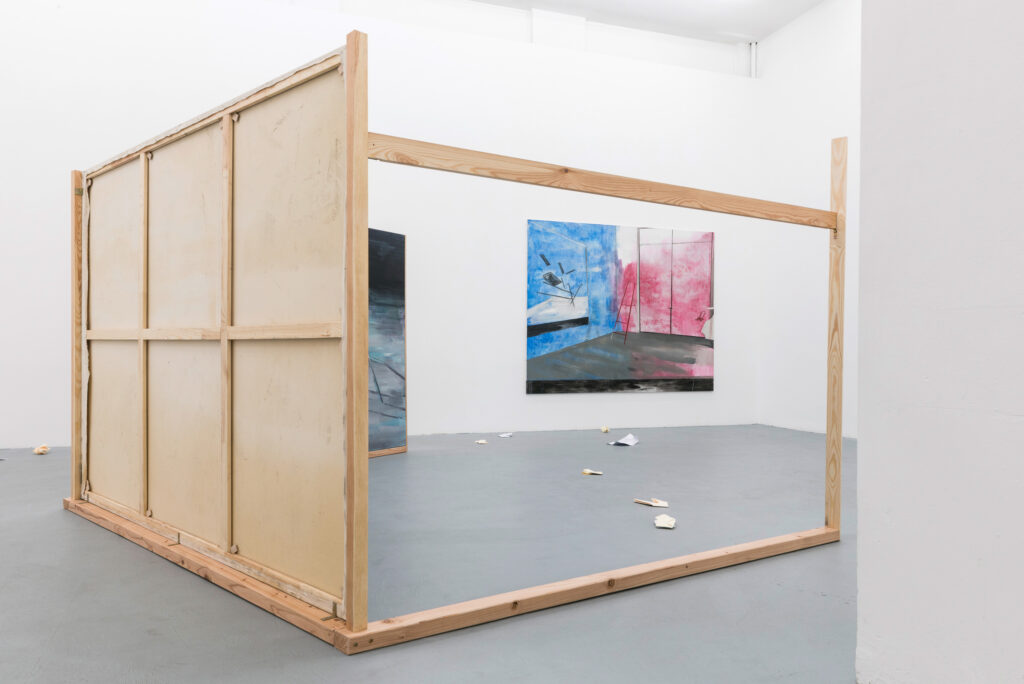 2015, cooperation with Olivia Hyunsin Kim, 
performance/ installation: paper (letters), wood, canvases (oil on canvas / acrylic on canvas), sound installation, seating area, variable dimensions; 
exhibition view “Parfümiert mit Dynamit”  2015, basis e.V., Frankfurt/ Main