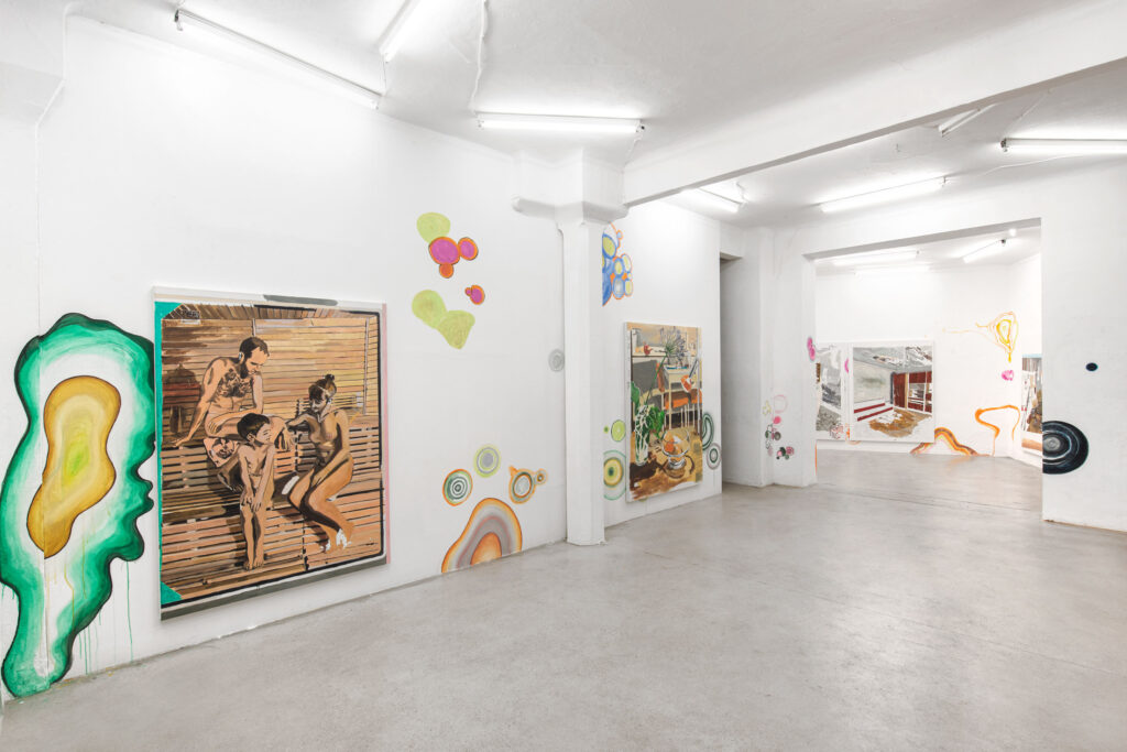 exhibition views: Das trockene Herz 2022-2025: polyptych (10 parts)
all: oil and pencil on canvas 190 x 140 x 4,5 cm; wall-painting in cooperation with Lena Kerschensteiner; Image credit: kap.photography