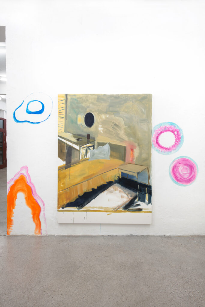 exhibition views: Das trockene Herz 2022-2025: polyptych (10 parts)
all: oil and pencil on canvas 190 x 140 x 4,5 cm; wall-painting in cooperation with Lena Kerschensteiner; Image credit: kap.photography