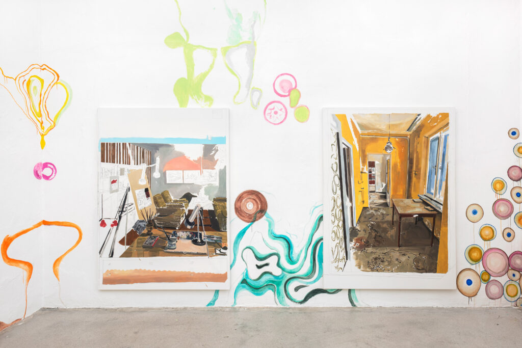 exhibition views: Das trockene Herz 2022-2025: polyptych (10 parts)
all: oil and pencil on canvas 190 x 140 x 4,5 cm; wall-painting in cooperation with Lena Kerschensteiner; Image credit: kap.photography