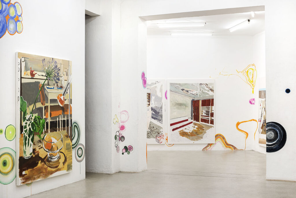 exhibition views: Das trockene Herz 2022-2025: polyptych (10 parts)
all: oil and pencil on canvas 190 x 140 x 4,5 cm; wall-painting in cooperation with Lena Kerschensteiner; Image credit: kap.photography