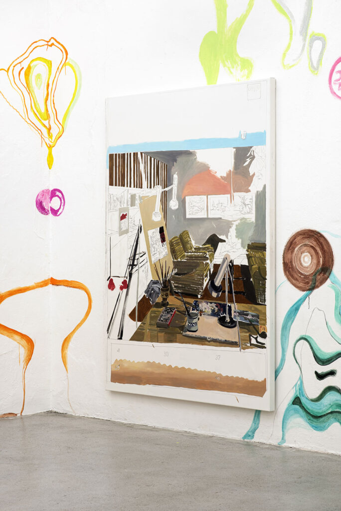 exhibition views: Das trockene Herz 2022-2025: polyptych (10 parts)
all: oil and pencil on canvas 190 x 140 x 4,5 cm; wall-painting in cooperation with Lena Kerschensteiner; Image credit: kap.photography