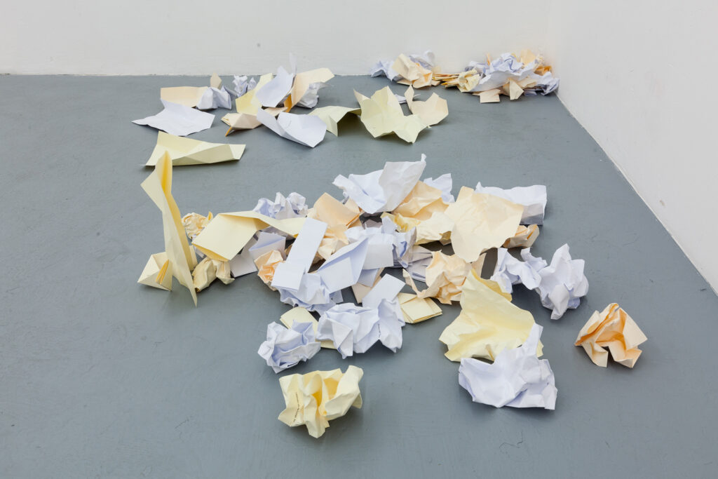 2015, cooperation with Olivia Hyunsin Kim, 
performance/ installation: paper (letters), wood, canvases (oil on canvas / acrylic on canvas), sound installation, seating area, variable dimensions; 
exhibition view “Parfümiert mit Dynamit”  2015, basis e.V., Frankfurt/ Main