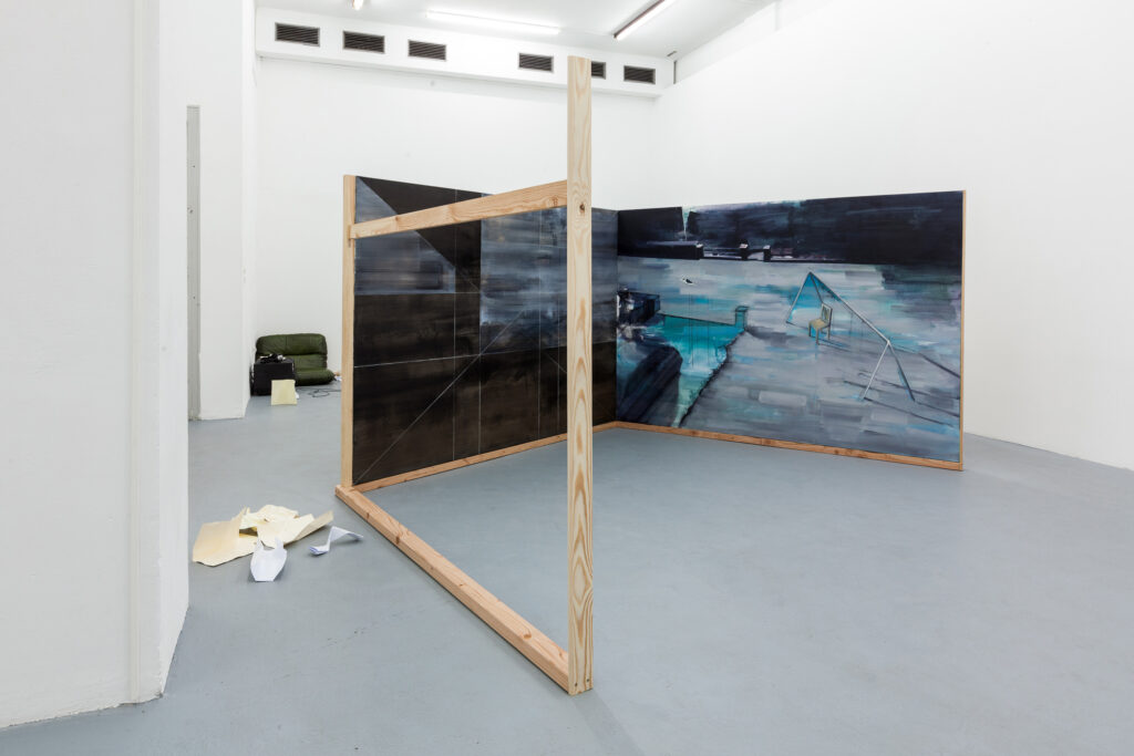 2015, cooperation with Olivia Hyunsin Kim, 
performance/ installation: paper (letters), wood, canvases (oil on canvas / acrylic on canvas), sound installation, seating area, variable dimensions; 
exhibition view “Parfümiert mit Dynamit”  2015, basis e.V., Frankfurt/ Main