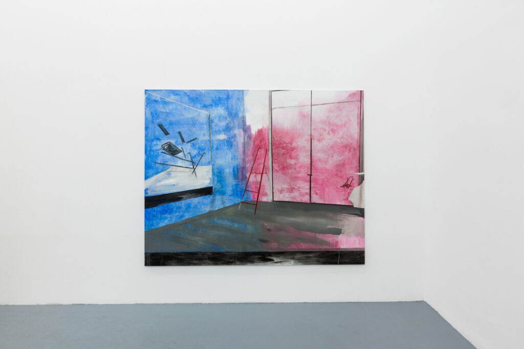 2015, cooperation with Olivia Hyunsin Kim, 
performance/ installation: paper (letters), wood, canvases (oil on canvas / acrylic on canvas), sound installation, seating area, variable dimensions; 
exhibition view “Parfümiert mit Dynamit”  2015, basis e.V., Frankfurt/ Main