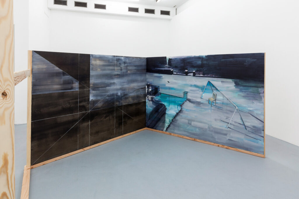 2015, cooperation with Olivia Hyunsin Kim, 
performance/ installation: paper (letters), wood, canvases (oil on canvas / acrylic on canvas), sound installation, seating area, variable dimensions; 
exhibition view “Parfümiert mit Dynamit”  2015, basis e.V., Frankfurt/ Main