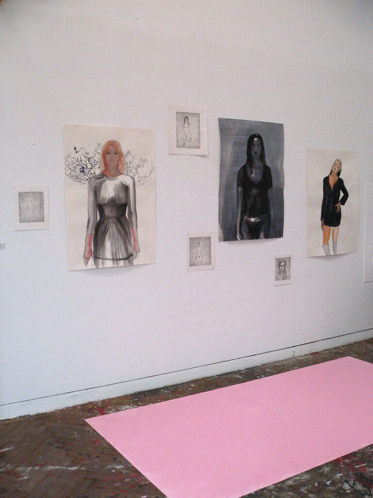 View Rundgang Städelschule 2010, annual exhibition,
series of women,
works on paper, etchings, pink painted carpet