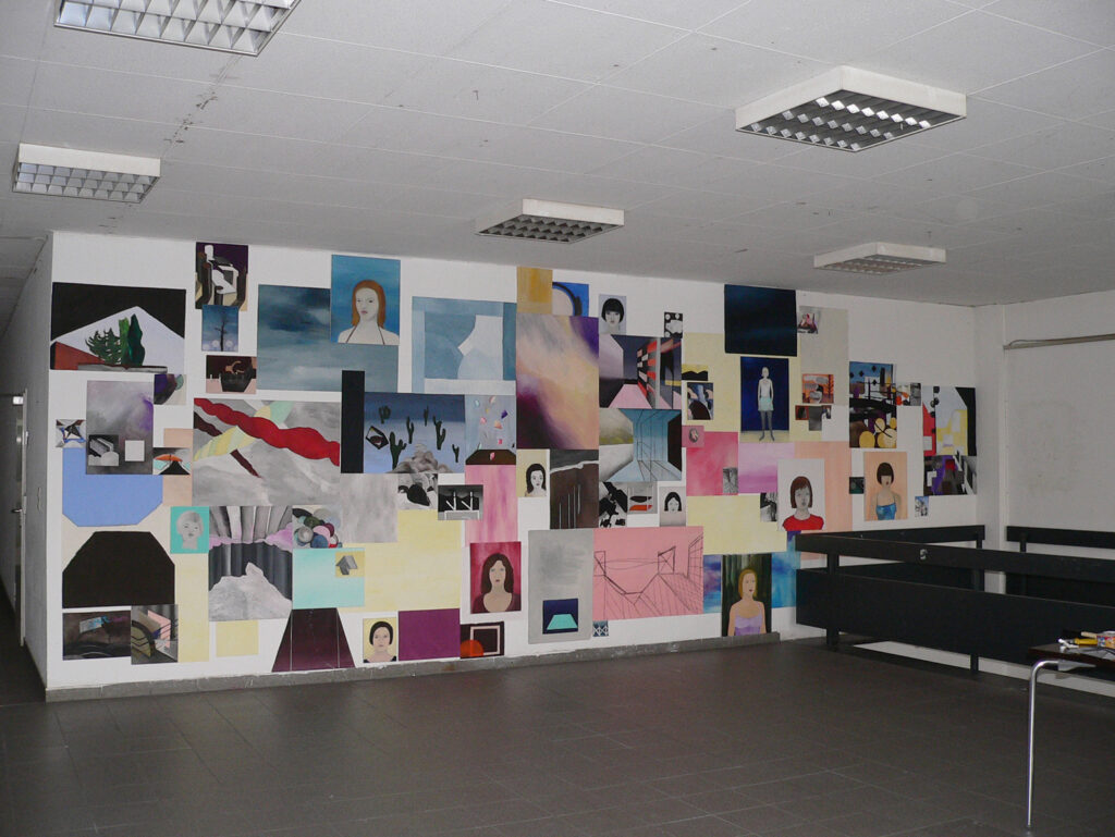 Installation view Pre-diploma  2009 at HfG Offenbach; 
Different formats
acrylic on paper and
oil on canvas, assemblage